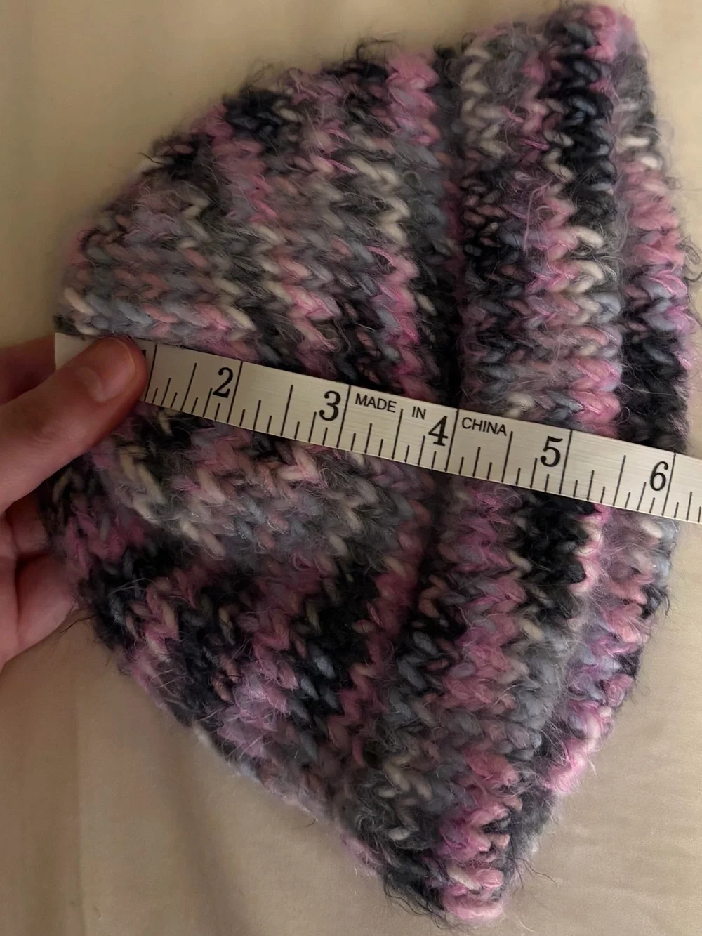 Hand-Knit Multicolor Beanie - Pink & Gray